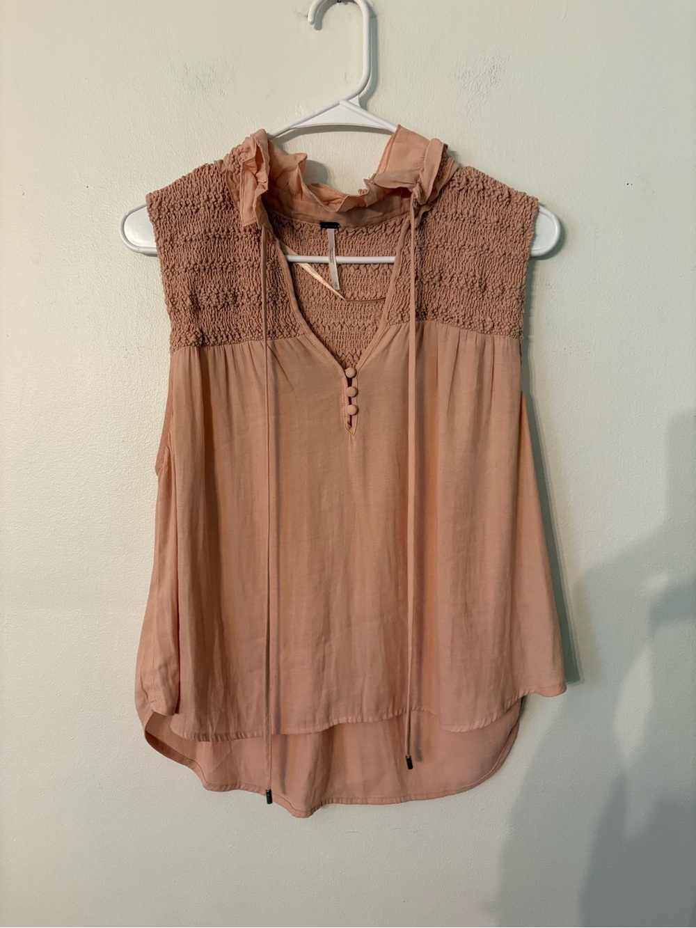 Free People Dusty Rose Smocked Ruffle Tie-Neck Tank
